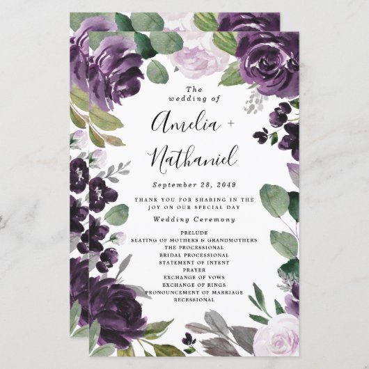 Paarse en zilveren Elegant Floral Wedding Programm (Voorkant / Achterkant)