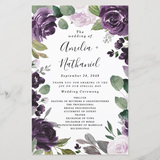 Paarse en zilveren Elegant Floral Wedding Programm (Voorkant)
