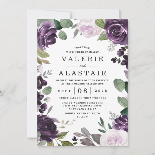 Paarse en zilveren Elegant Floral White Wedding Kaart (Voorkant)