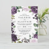 Paarse en zilveren Elegant Floral White Wedding Kaart (Staand voorkant)