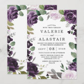 Paarse en zilveren Elegant Floral White Wedding Kaart (Voorkant / Achterkant)