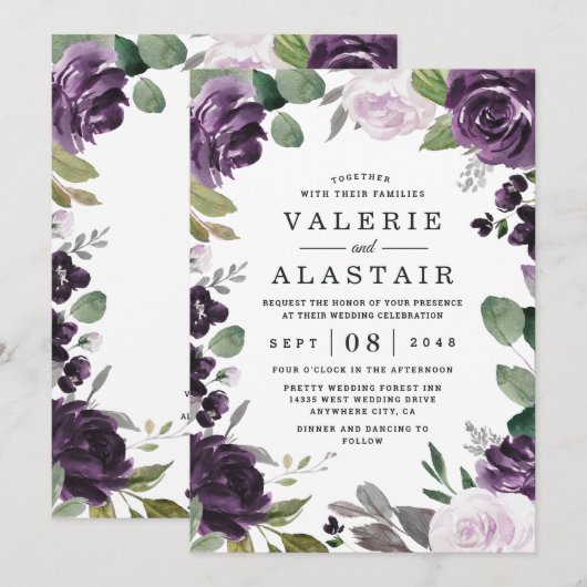 Paarse en zilveren Elegant Floral White Wedding Kaart (Voorkant / Achterkant)