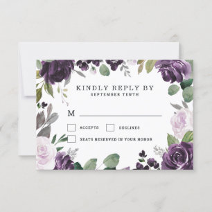 Paarse en zilveren Elegant Floral White Wedding RSVP Kaartje