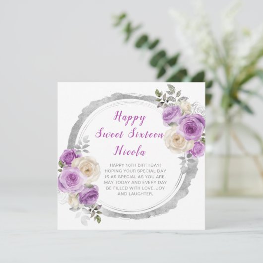 Paarse en zilveren elegante bloemen Sweet Sixteen Kaart (Staand voorkant)