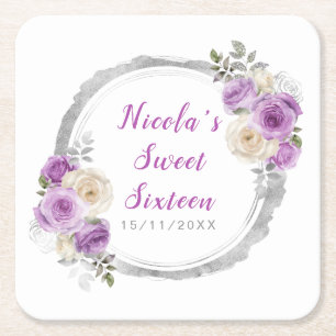 Paarse en zilveren elegante bloemen Sweet Sixteen Kartonnen Onderzetters
