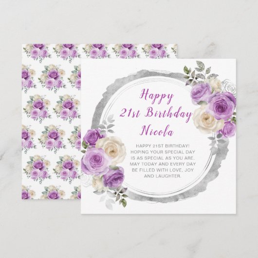 Paarse en zilveren elegante bloemen verjaardag kaart (Voorkant / Achterkant)