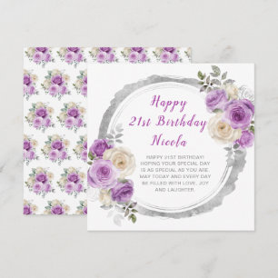 Paarse en zilveren elegante bloemen verjaardag kaart