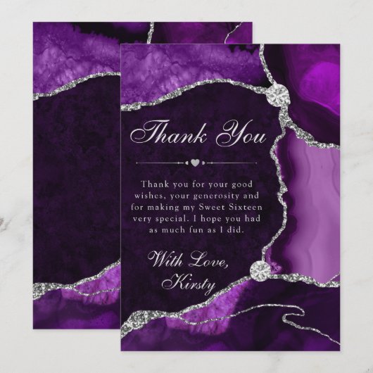 Paarse en zilveren Faux Glitter Agaat Sweet 16 Bedankkaart (Voorkant / Achterkant)