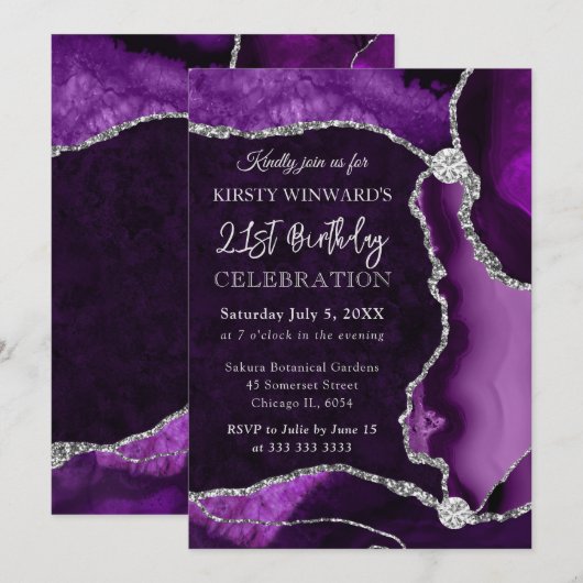 Paarse en zilveren faux Glitter Agate Birthday Kaart (Voorkant / Achterkant)