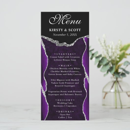 Paarse en zilveren faux Glitter Agate Wedding Menu (Staand voorkant)