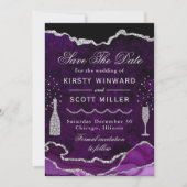 Paarse en zilveren faux Glitter Marble Agate Weddi Save The Date (Voorkant)