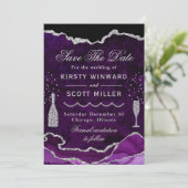 Paarse en zilveren faux Glitter Marble Agate Weddi Save The Date (Staand voorkant)