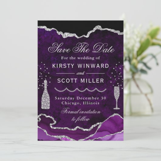 Paarse en zilveren faux Glitter Marble Agate Weddi Save The Date (Staand voorkant)