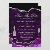 Paarse en zilveren faux Glitter Marble Agate Weddi Save The Date (Voorkant / Achterkant)