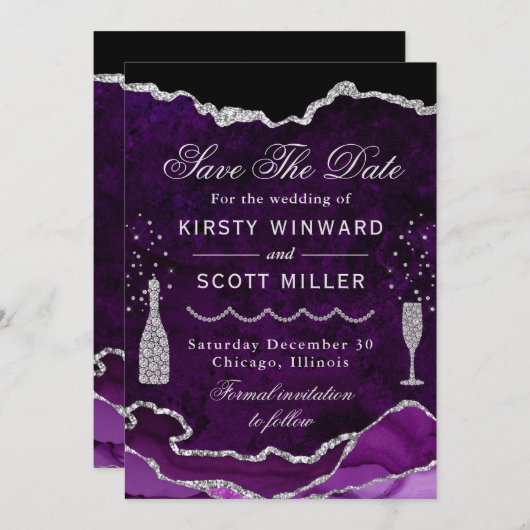Paarse en zilveren faux Glitter Marble Agate Weddi Save The Date (Voorkant / Achterkant)