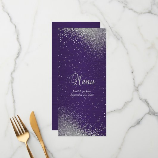 Paarse en zilveren Faux Glitter Menu (Voorkant / Achterkant in situ)