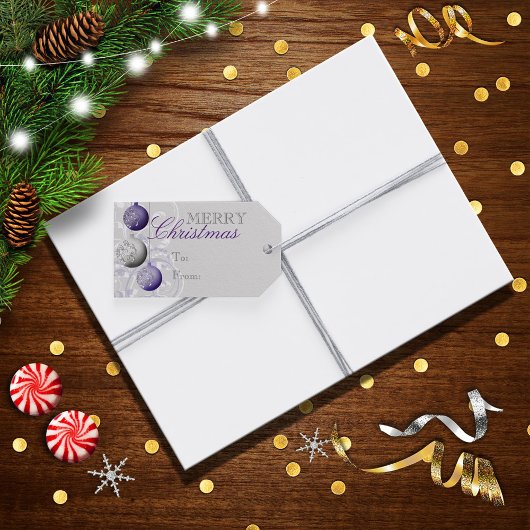 Paarse en zilveren feestelijke kerst cadeaulabel