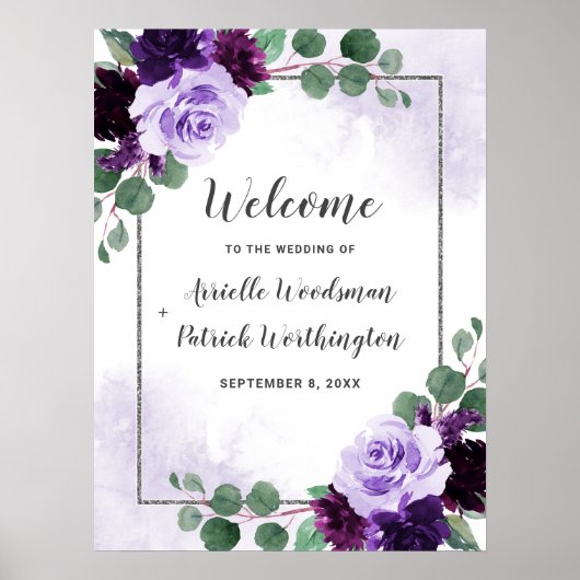 Paarse en zilveren Floral Boho Wedding Welcome Sig Poster (Voorkant)