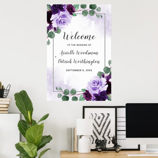 Paarse en zilveren Floral Boho Wedding Welcome Sig Poster (Thuiskantoor)