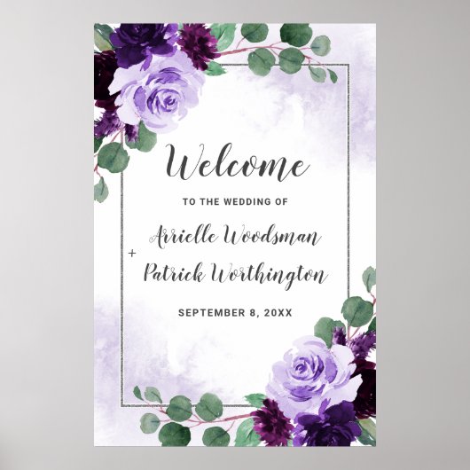Paarse en zilveren Floral Boho Wedding Welcome Sig Poster (Voorkant)