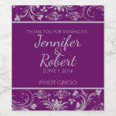 Paarse en Zilveren Floral Scroll Wijnlabel Wijn Etiket (Enkel label)