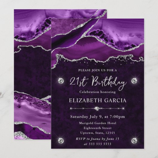 Paarse en zilveren Glitter Agaat 21e Verjaardag Kaart (Voorkant / Achterkant)