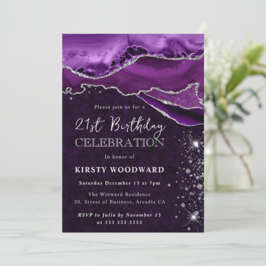 Paarse en zilveren glitter Agate Birthday Kaart (Staand voorkant)