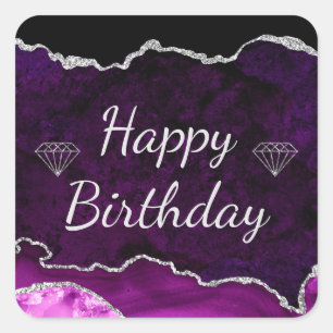 Paarse en zilveren glitter Agate Happy Birthday Vierkante Sticker