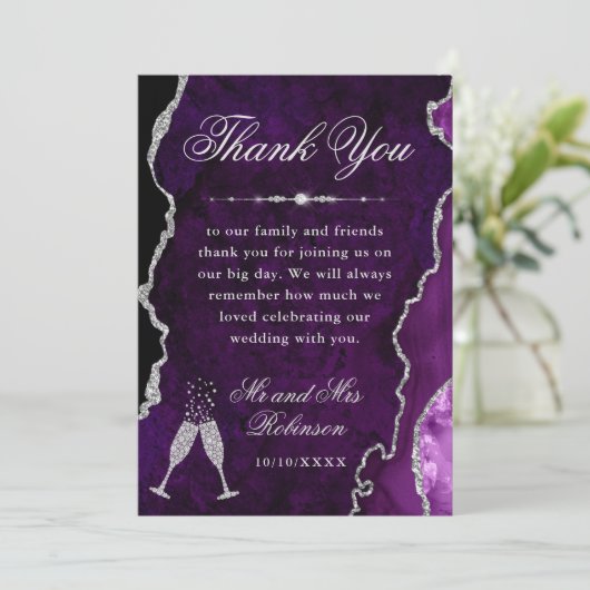 Paarse en zilveren glitter Agate & Marble Wedding Bedankkaart (Staand voorkant)
