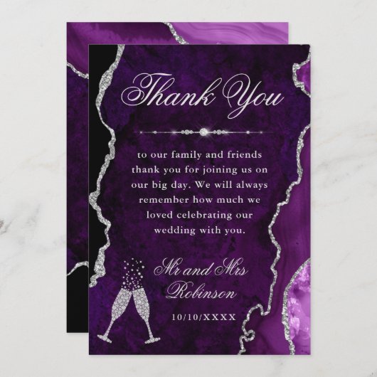 Paarse en zilveren glitter Agate & Marble Wedding Bedankkaart (Voorkant / Achterkant)