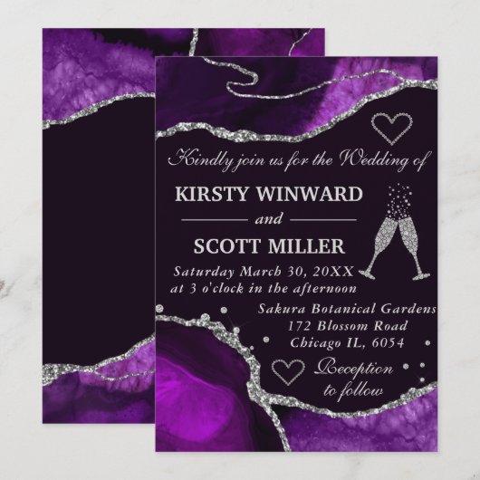 Paarse en zilveren glitter Agate Marble Wedding Kaart (Voorkant / Achterkant)