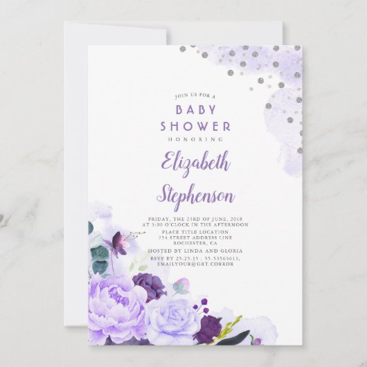 Paarse en zilveren Glitter Bloemen Baby shower Kaart (Voorkant)