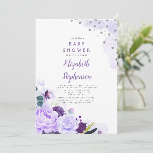 Paarse en zilveren Glitter Bloemen Baby shower Kaart (Staand voorkant)