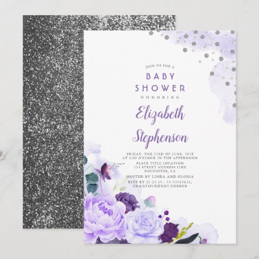 Paarse en zilveren Glitter Bloemen Baby shower Kaart (Voorkant / Achterkant)