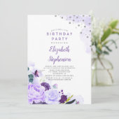 Paarse en Zilveren Glitter Bloemen Verjaardagsfees Kaart (Staand voorkant)