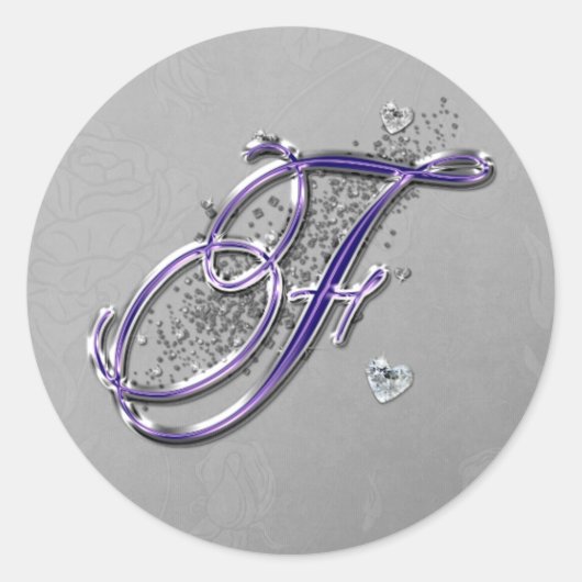 Paarse en Zilveren Glitter Fancy Script Monogram F Ronde Sticker (Voorkant)