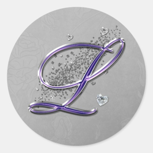 Paarse en Zilveren Glitter Fancy Script Monogram L Ronde Sticker (Voorkant)