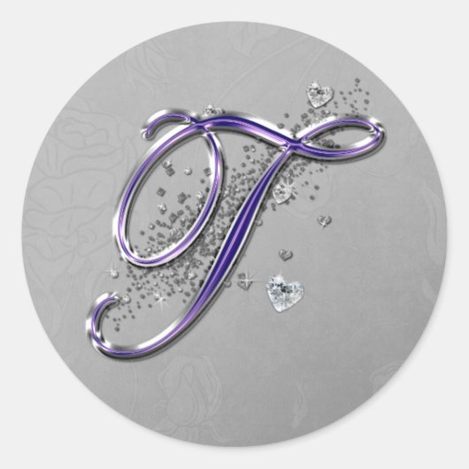 Paarse en Zilveren Glitter Fancy Script Monogram T Ronde Sticker (Voorkant)