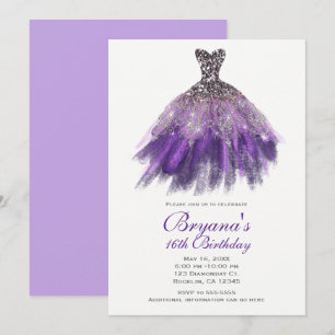 Paarse en zilveren glitter glamourjurk Sweet 16-fe Kaart