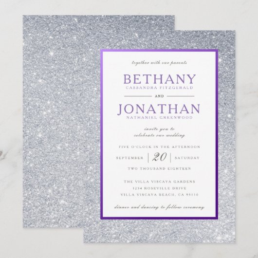 Paarse en zilveren glitter huwelijksuitnodiging kaart (Voorkant / Achterkant)