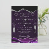 Paarse en zilveren glitter marmeren agaat bruiloft kaart (Staand voorkant)