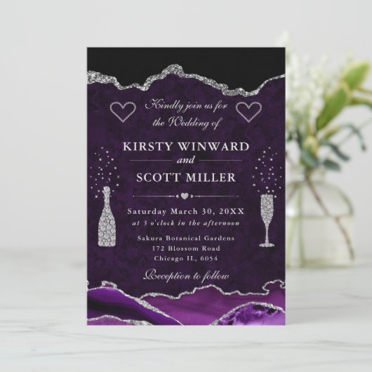 Paarse en zilveren glitter marmeren agaat bruiloft kaart (Staand voorkant)