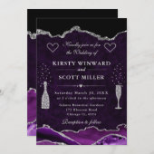 Paarse en zilveren glitter marmeren agaat bruiloft kaart (Voorkant / Achterkant)