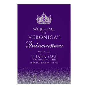 Paarse en Zilveren Glitter Quinceanera Welkomsttek Perfect Poster