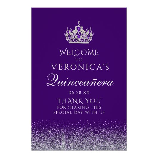 Paarse en Zilveren Glitter Quinceanera Welkomsttek Perfect Poster (Voorkant)