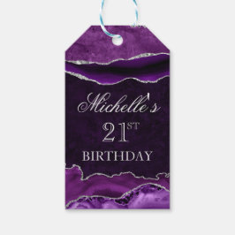 Paarse en zilveren glittersmaragd agaat verjaardag cadeaulabel