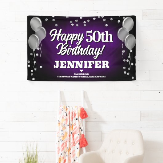 Paarse en zilveren Happy Birthday Banner (Insitu)