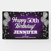 Paarse en zilveren Happy Birthday Banner (Horizontaal)