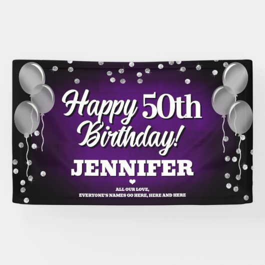 Paarse en zilveren Happy Birthday Banner (Horizontaal)