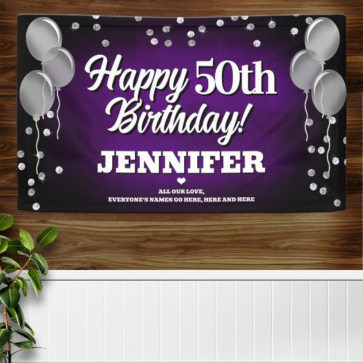 Paarse en zilveren Happy Birthday Banner